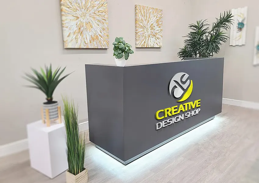 Reception Desk Logo Mockup - Modern PSD Template for Branding Displays